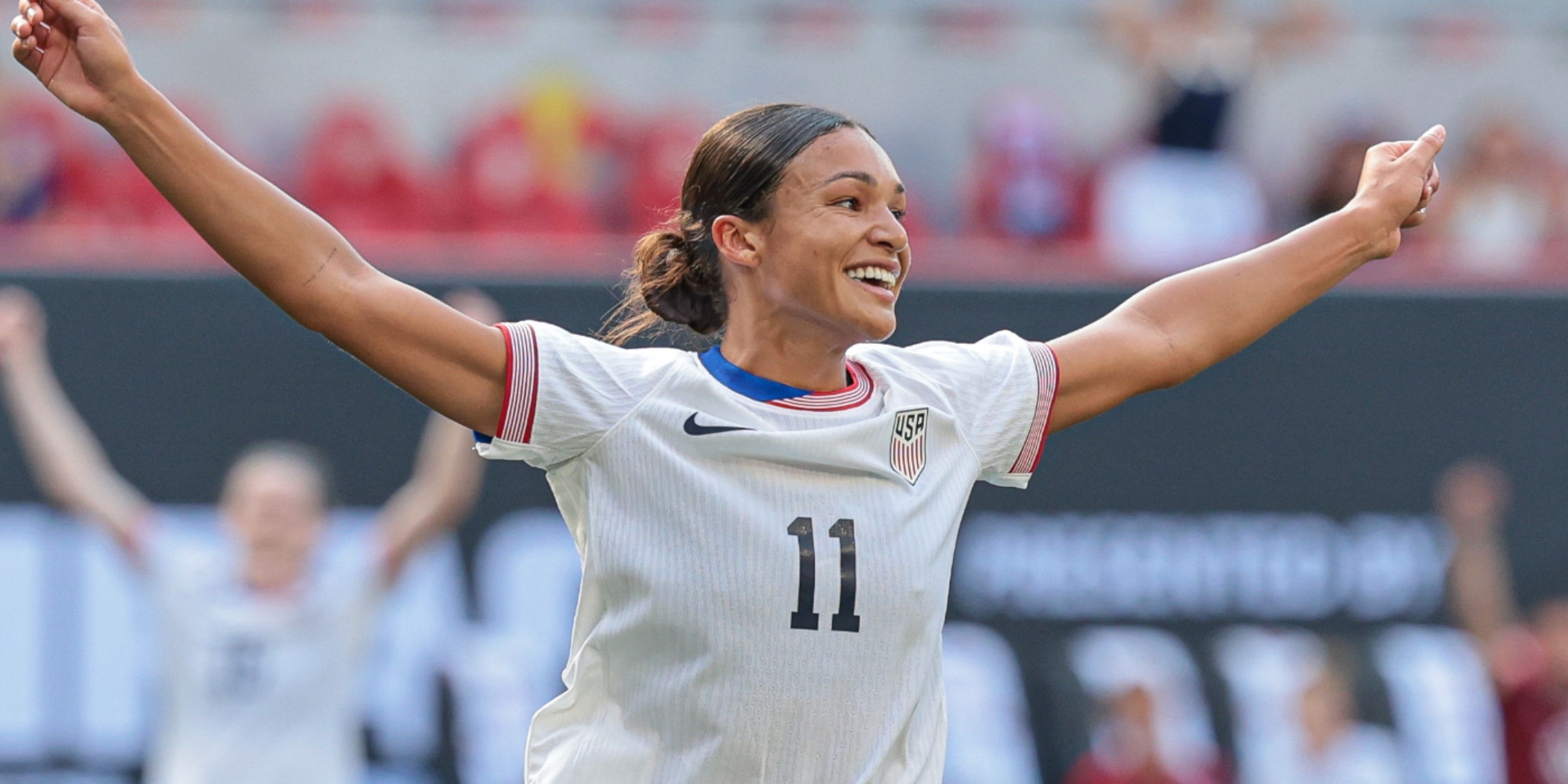 Sophia Smith celebrates a USWNT goal in 2024